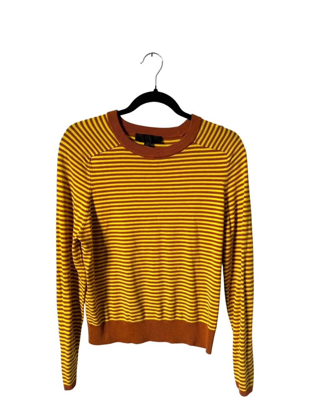 Zara Viscose mustard yellow and brown striped crewneck knit sweater